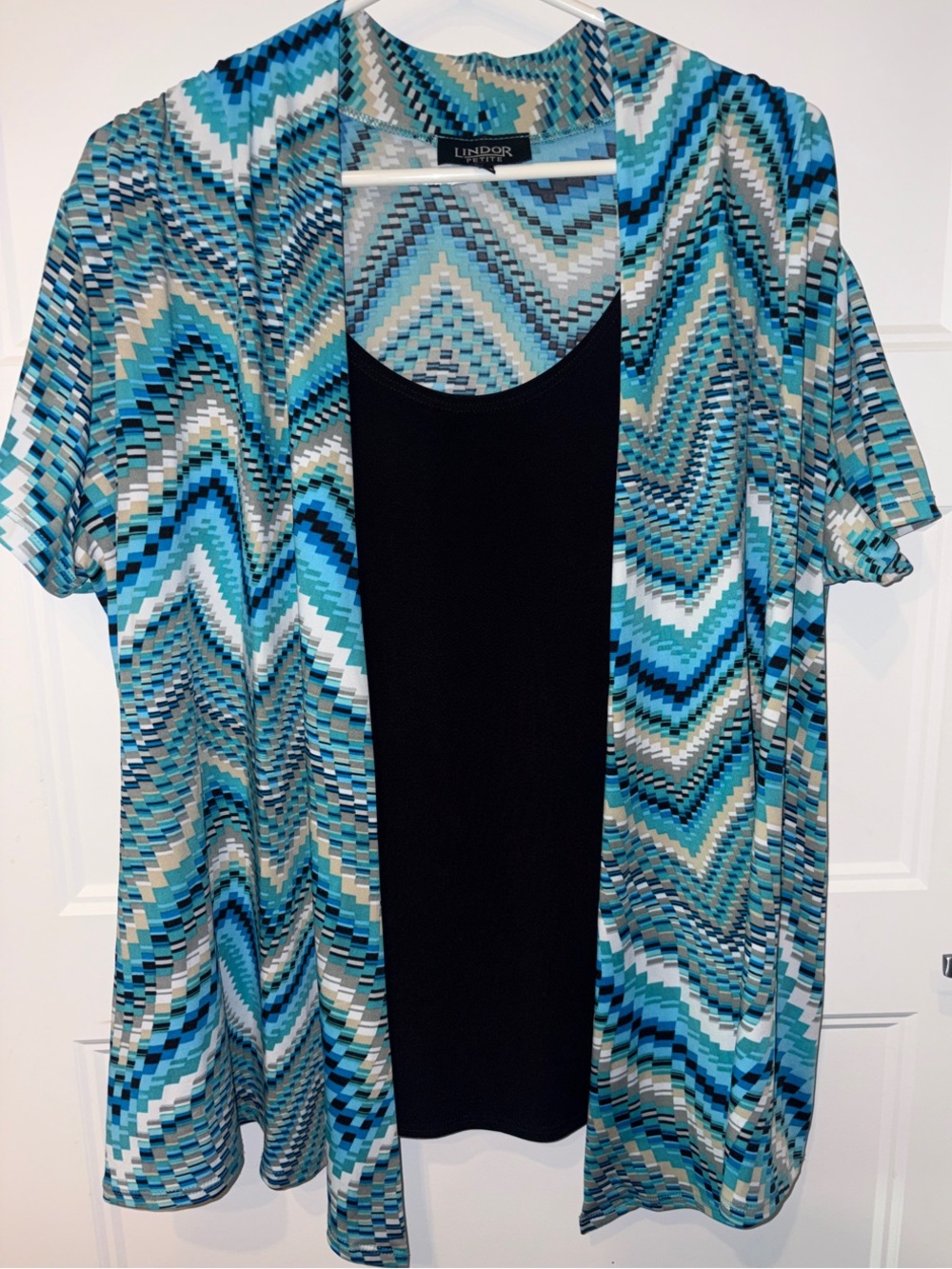 Blue Chevron Layered Open-Front Blouse with Black Tank Petite XL